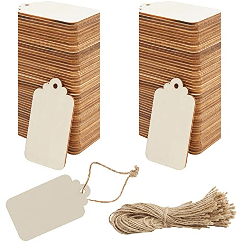Belle Vous Etichette in legno grezzo per artigianato (confezione da 100) 3,7 x 6,8 cm - Etichetta rettangolare in legno naturale e rustico con spago per regali di nozze e decorazioni da appendere di