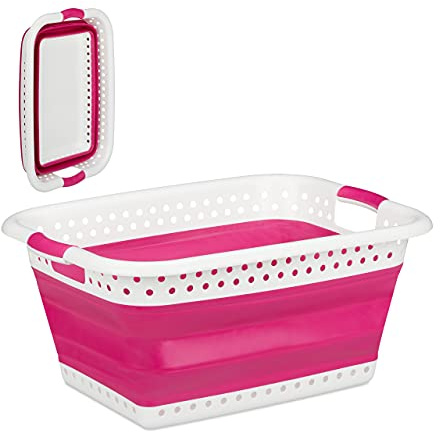 Relaxdays fällbar tvättkorg med handtag, plast & silikon, kompakt förvaringskorg, storlek: 27 x 61 x 45,5 cm, rosa