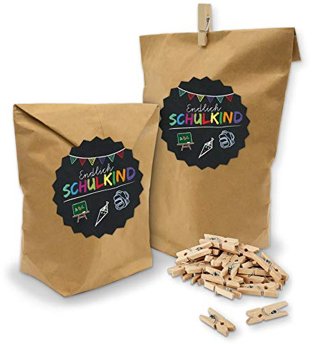 itenga SET 10x Geschenkverpackung Einschulung Geschenktüte aus Papier inkl. Deko Holzklammern und Sticker Aufkleber Endlich Schulkind Tafel rund