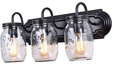3-Light Bathroom Vanity Lighting Fixture Mason Jar Wall Lights Edison E27 Bulb Base Industry Vintage Wall Sconce Lamp Fitting Black for Vanity Mirror Kitchen Dressing Table Living Room