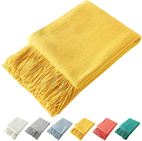 Homiest Dekorative gestrickte Überwurfdecke mit Fransen, Leichter Acryl-Strick, weiche und gemütliche Quasten-Decke für Couch, Sofa, Bett (Gelb, 152,4 x 203,2 cm)