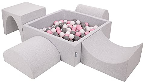 KiddyMoon Spielplatz Aus Schaumstoff Mit Quadrat Bällebad (300 Bälle) Ballgruben Für Babys Spielbad Hindernisläufen, Hergestellt In Der EU, Hellgrau:Weiß/Grau/Puderrosa