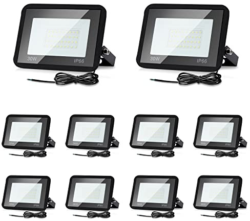 Lospitch 10x 30W LED Projecteur Extérieur, 2550LM Spot d'extérieur, IP66 Etanche, Lampe de sécurité Extérieure, 6000K Blanc Froid Eclairage Extérieur pour atelier garage jardin terrain de sport