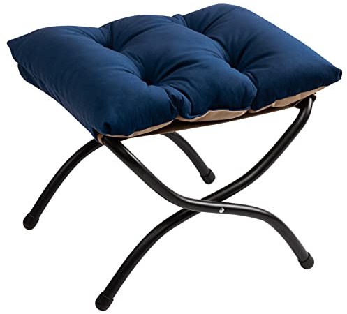HollyHOME Fußhocker Klappbar Fußablage Fußstütze Faltbar Fusshocker | Sitzhocker mit Metallbeinen Abnehmbar Gepolsterte Sitzfläche Samt Indoor Outdoor, Dunkelblau