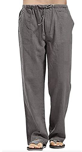 Pantalones de lino de colores sólidos para hombre, ajuste relajado, pantalones de yoga casuales, pantalones de pierna recta, gris oscuro, 4XL