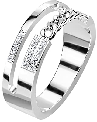Paula & Fritz® Ring Damen Doppelring 15 klare Zirkonia Kette 316L Chirurgenstahl Größe 54 (17,2) 6-mm Breit Silber Herren-Ring Partnerring Ehering