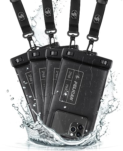 Pelican 4 Pack Marine - IP68 Waterproof Phone Pouch/Case (Regular Size) - Floating Waterproof Phone Case - For iPhone 15 Pro Max/ 14 Pro Max/ 13 Pro Max/ 12/ S24 Ultra - Detachable Lanyard - Black