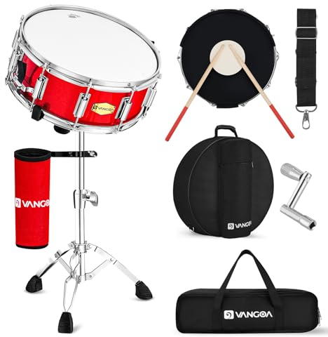 Vangoa Snare Drum Set mit Remo Head Student Anfänger 14 x 5,5 Zoll Snare Drum Kit mit Nylon Drumstick Halter, Ständer, gepolsterter Gigbag, Silikon Mute Pad, Umhängeband und 5A Drumsticks, Rot