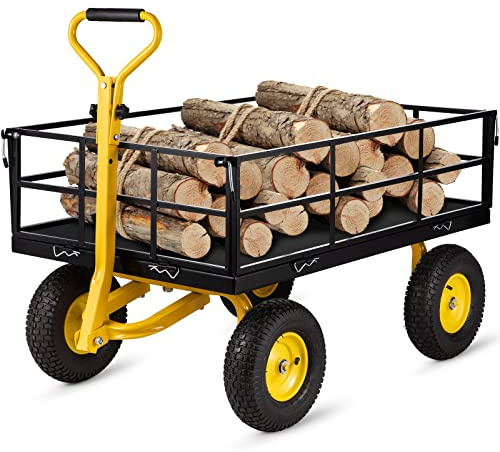 VEVOR Bollerwagen 544kg Belastbar Gartenwagen 112x75x27,8cm Transportwagen Stahlrahmen Gummiräder Gerätewagen 82cm Griff Handwagen Gartenkarre 2m Seil Ideal für Rasenflächen Höfe Strände