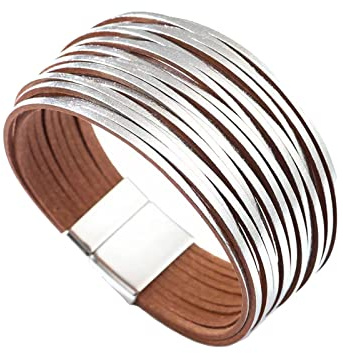 KunBead Jewelry Sparkly Silver Wrap Leather Bracelets for Women Handmade Braided Boho Multilayer Magnetic Buckle Bracelet Wristband Cuff Bangle Birthday Gifts