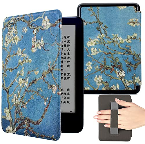KEROM 6,8'' Kindle Paperwhite 11. Generation Hülle 2021 (Modellnummer: M2L3EK/M2L4EK), Leichte PU Leder Schutzhülle mit Handschlaufe und Auto Schlaf/Wach, Mandelblüte