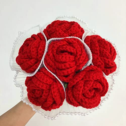 Fiori fatti a mano all'uncinetto, 6 pezzi, rose di lana artificiali, per laurea, cerimonia, matrimonio, bouquet, anniversario, San Valentino, compleanno, festa, nuova casa (rosso)