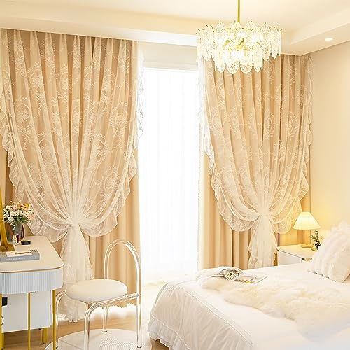 Tende per Il Soggiorno, Tenda in Pizzo Francese Retrò a Doppio Strato Tendaggi Decorativi per La Casa Tende Oscuranti per La Camera Da Letto Ufficio(W*H:150x270cm(59x106inch), Beige(Grommet Top))