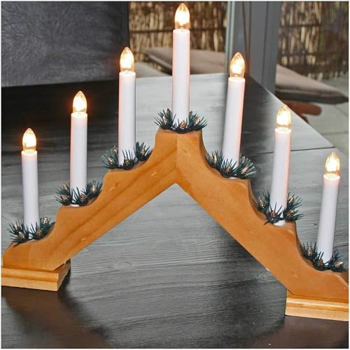 Holzschwibbogen Lichterbogen Holzleuchter Schwibbogen (Eiche, mit Tannen-Manchetten)