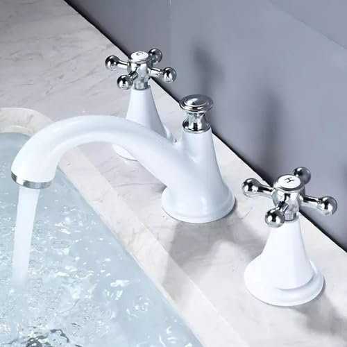 Miscelatore Bagno 3 fori Maniglia ''Cross'' Caldo E Freddo Miscelatore Lavandino Bagno Rubinetto 3 fori Ottone,Bianco + Cromo