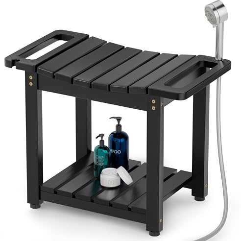 BLUEWEST Shower Bench Seat with Storage Shelf, Natural Wood Shower Benches for Inside Shower to Sit on, Waterproof Bathroom Spa Bench Stool for Legs Shaving with Built-in Handle & Shower Head Holder