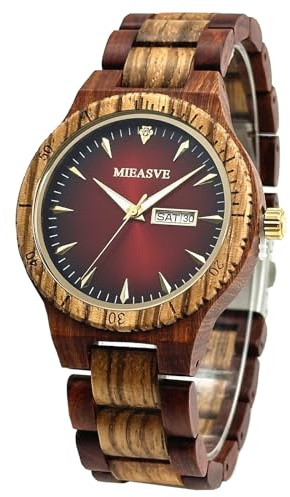 MIEASVE Handmade Wood Watches for Men Red Dial Lightweight Analog Quartz Wooden Watch Adjusted Band