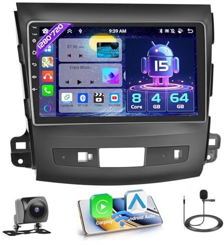 Hikity [8 Core 4+64GB] für Mitsubishi Outlander 2008-2015, 9 Bildschrim Auto Radio, Android 15 Autoradio, Wireless CarPlay Android Auto, mit Navi, Rückfahrkamera, WiF