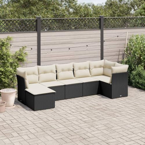 ULUYYUC 7-TLG. Garten-Sofagarnitur, Fußhocker Gartenstühle Eckbankgruppe Eckbank Küche Geeignet für Hinterhof Außenbereich Balkon Garten mit Kissen Schwarz Poly Rattan