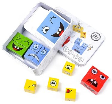 Gesichter Puzzle,Emoji Bauwürfel Ausdruck Holzpuzzle Holzgesichtswürfel Expression 3D Puzzle Face-Changing Montessori Holzspielzeug mit Karten für Kinder für Geburtstagsgeschenk Halloween Weihnachten