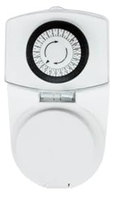 Temporizador mecánico de 24 Horas, con Enchufe, Color Blanco; Ideal para programar Luces y electrodomésticos de Forma automática.