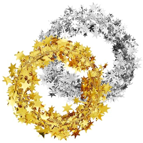 2 Stück Weihnachten Lametta Girlande, 7.5M Lametta Stern Weihnachtsdeko Girlanden, mit Draht Glitzer Girlande Weihnachtsbaum Dekoration, für Weihnachten Party Weihnachtsbaum Outdoor Deko (Silber/Gold)