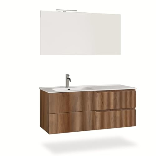 AQA DESIGN mobile bagno composizione lavandino bagno, mobile bagno con lavabo, base sospesa con frontali in MDF cannettato, nr2 cassetti con scorrimento - Rovere - 121x46,5x190 cm