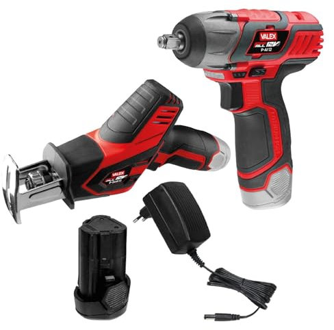 Valex Kit Avvitatore ad Impulsi + Sega a Gattuccio a batteria al litio 12V, confezione 2 prodotti per il fai da te con utensili cordless, batteria e caricabatterie Gamma OneAll 12V, 2Ah