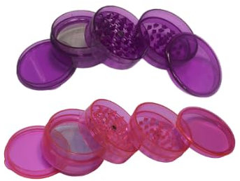 Pink & Purple Plastic Herb Grinders - 2X 60mm, 5-Part, Magnetic Shark Teeth, Airtight Stash Storage