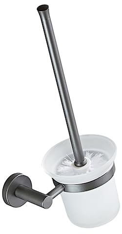 HAWILLOSCH Cepillo De Inodoro Pared con Soporte De Vidrio Esmerilado Gris Cósmico, Juego Escobilla Baño Mango Largo, Cerdas Suaves para Limpieza Profunda, Adecuado para Baño y Aseo Diario