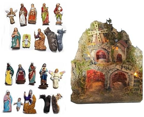 BLUSUPERSHOP Krippe komplett Art. 4 40 x 30 cm Höhe 38 cm Holz und Kork Mühle mit oder ohne Hirten ohne 10 Hirten 7-8 cm Terracotta oder 8 cm Kunststoff San Grigorio ArMENO Tempel