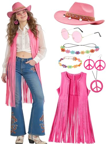 kasahara 7pcs Hippie Kostüm Damen Set Cowgirl Kostüm Hippie Tassel Weste 70er Jahre Outfit Cowboy Hut Halloween Mottoparty Karneval Faschingskostüme (Pink, XL)