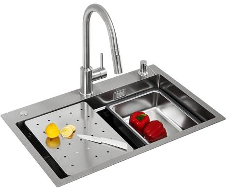 CECIPA Spülbecken mit Wasserhahn Ausziehbar, 70 x 45 CM Küchenspüle inkl. Seifenspender und Siphon, Spüle inkl. Ersatz-Innenspüle und Schneidebrett, Spüle Küche mit Armatur