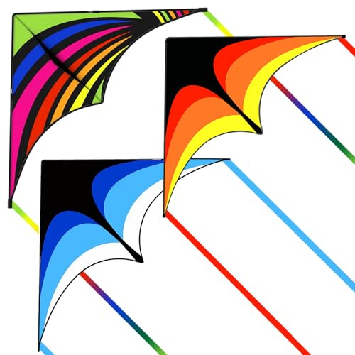 Kites for Kids and Adults, Easy to Fly for Beach, Single Line Kite Set for Beginners, 55 x 27 Delta Kites for Teens with 3 * 300FT Kite String(Blue&Yellow&Rainbow)