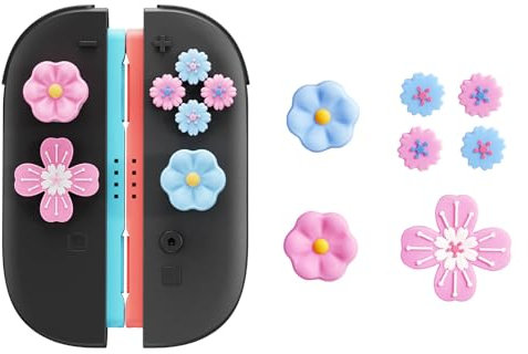Jemdo Capuchons Joystick Switch 2 & Boutons – Set 7 Pièces Fleurs Roses/Bleues en Silicone, Accessoires Mignons et Confortables pour Enfants, Filles, Compatible avec Nintendo Switch 2 (2025)