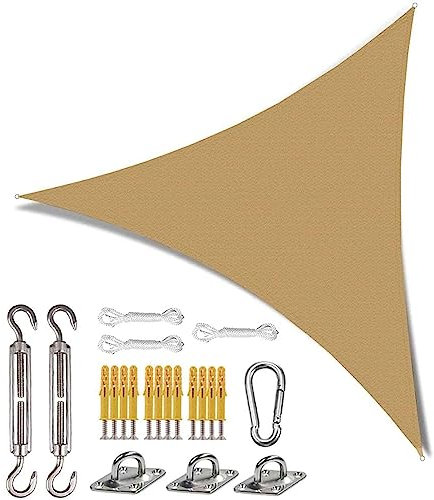Vela ombreggiante triangolare, 5 x 5 x 5 m, protezione dai raggi UV, 95% traspirante, resistente, per patio, giardino, cortile, con kit di installazione, protezione solare esterna