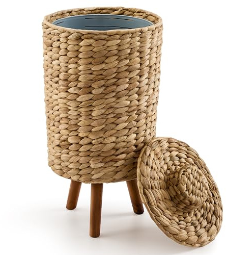 Tidita 2 Gallon Wicker Trash Can with Lid, Water Hyacinth Wicker Waste Basket for Bathroom - Decorative Bathroom Trash Can with Wooden Leg - Rattan Garbage Can with a Lid, Liner - Assembly Required