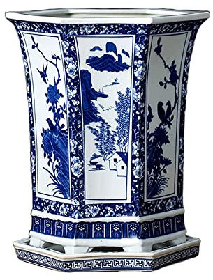 LAUMZX Grand pot de fleurs rectangulaire en porcelaine chinoise bleu et blanc avec drainage et soucoupe. Pot à orchidée hexagonal en céramique pour bonsaïs et plantes succulentes d'intérieur/extérieur