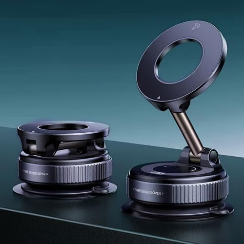 XXHUO Support Téléphone Voiture Magnétique 720° Rotation, Fixation par Ventouse avec Aimant Puissant, Compatible with Magsafe iPhone 12-16 avec Anneau Magnétique Inclus, Noir