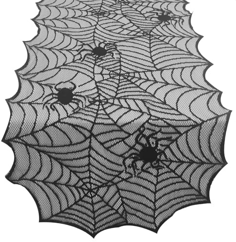 Halloween Spinnennetz Tischläufer, 183 cm x 45 cm, Gruselige Tischdekoration, Schwarze Tischläufer mit Spinnennetz-Spitze für Halloween Dekoration/Party Tischdekoration
