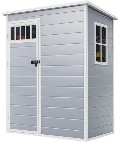 DWVO 5x3FT Outdoor Storage Shed with Fence-Style and Side Windows, Floor, Lockable Doors, Plastic Storage Shed for Backyard and Garden, Gray