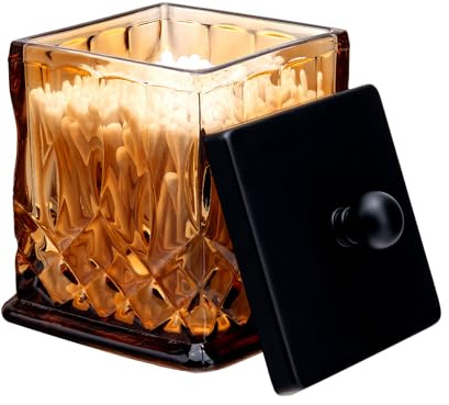 ZIVQEXMURL Qtip Holder,15Oz Amber Glass Apothecary Jars with Matte Black Lids for Bathroom Organization & Desk Storage,Thick Glass Apothecary Jars for Q-Tips,Cotton Rounds,Jewelry,Candy,Square
