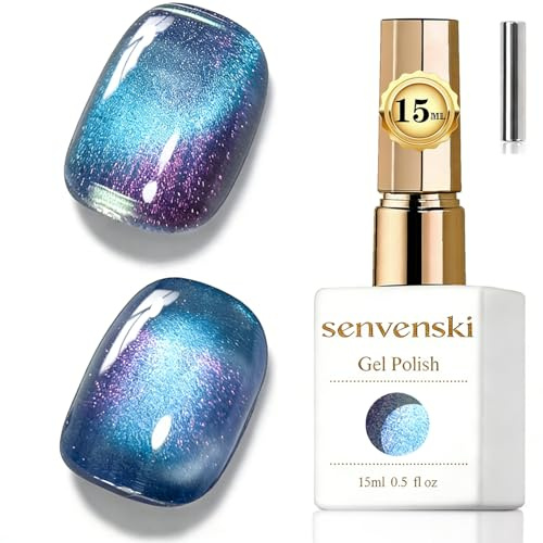 Senvenski Gelatina Vetro Cat Eye Smalto Semipermanente, 15ML Occhi di Gatto Magnetica per Gel Unghie Kit Olografico Glitterato Cristallo Smalti Unghie Salon Home DIY (Aurora Blu, 0.5fl oz)