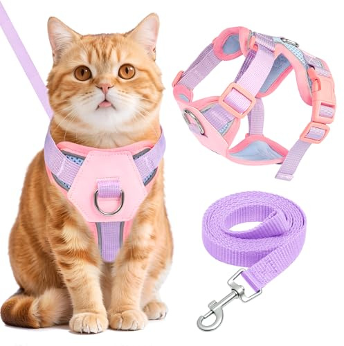 Katt bröstsele, kattsele med kattkoppel, går inte sönder med reflekterande ränder, mjukt porslin, kattkoppel med sele för katter, för promenader, resor (rosa, lila, S)