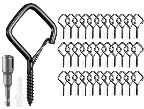 Heavy Duty Screw In Hooks with Safety Buckle, 2.2 IN Black Ceiling Hooks for Hanging Plants & Outdoor String Lights, Windproof Eye Hooks for Christmas Lights, Cups, Bird Feeders (Black, 34Pcs)