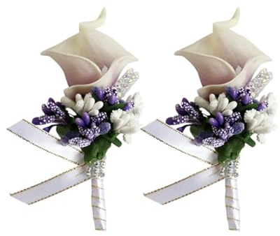 Qiantull Lot de 4 boutonnières en forme de lys calla avec épingle à nourrice - Accessoires de mariage pour le marié - Violet