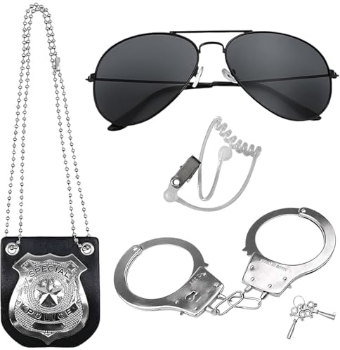FHRYNA 4 Pièces Costume de police, accessoires de menottes, accessoires de police, équipement de costume avec lunettes de soleil, menottes et badges, de jeu de rôle pour carnaval fête à thème