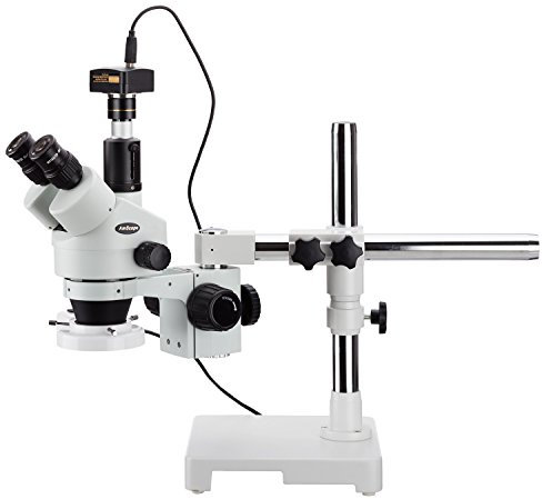 AmScope SM-3TPX-FRL-10M Boom Ständer Trinokulares Zoom Stereomikroskop mit Fluoreszierendem Ringlicht und 10MP Kamera, 3.5X-45X, Weiß