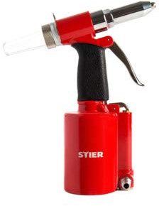STIER Blindnietpistole SBN-1 für Nietgrößen von 2,4-4,8mm, inkl Mundstücke, Druckluft Nietpistole, niedriger Luftverbrauch, Kostensparende Pneumatik
