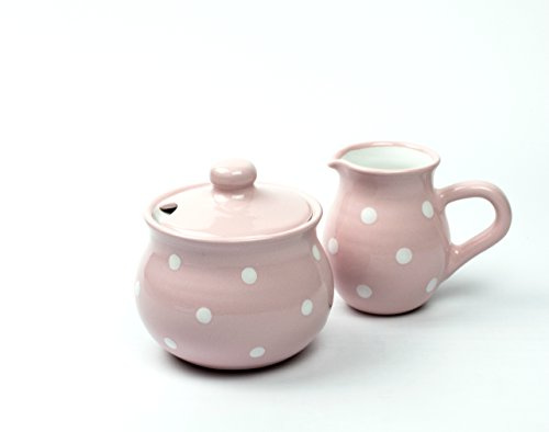 UNGARNIKAT Zucker und Milch Set, Rosa Milchkännchen und Zuckerdose mit Handbemalte weiße Punkte, Zuckerdose mit Deckel, Sahnekännchen aus Keramik, Spühlmaschinenfest.